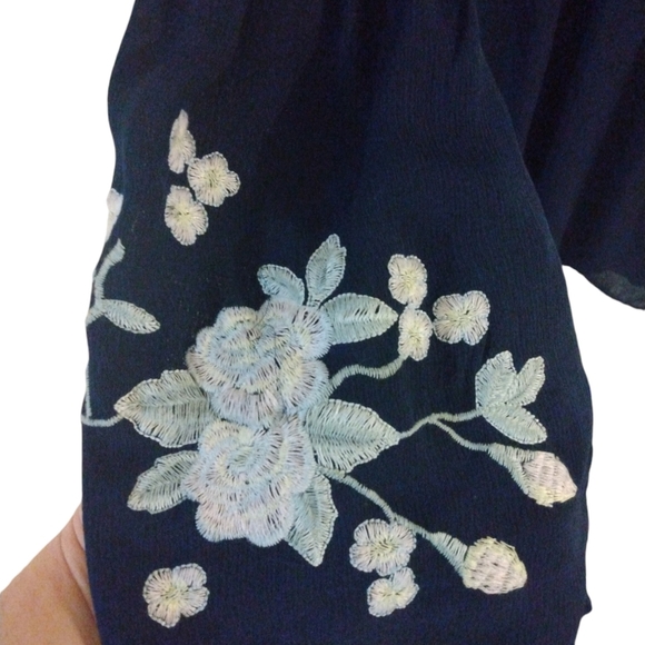 Charming Charlie Embroidered Bell Slve. Dress Navy w. White Florals Romantic L - Picture 4 of 9